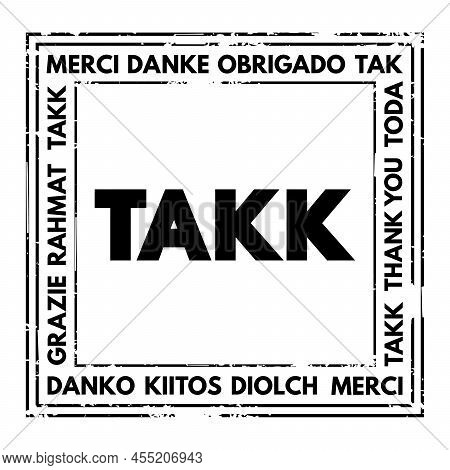 Takk (thank You In Icelandic) Stamp Concept In Many Languages