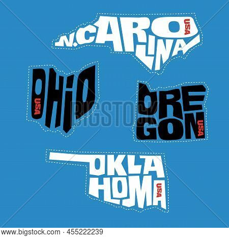 North Carolina, Ohio, Oregon, Oklahoma State Names Distorted Into State Outlines. Pop Art Style Vect