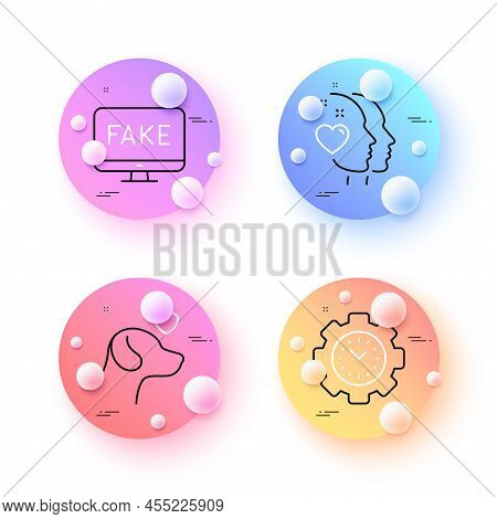 Pets Care, Fake News And Time Management Minimal Line Icons. 3d Spheres Or Balls Buttons. Heart Icon