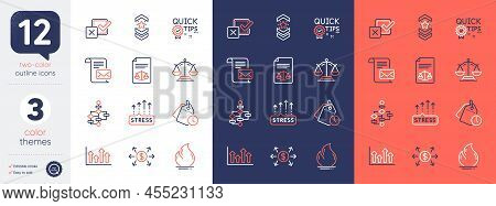 Set Of Dollar Exchange, Justice Scales And Stress Grows Line Icons. Include Block Diagram, Shoulder 