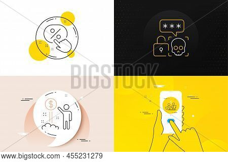 Minimal Set Of Cyber Attack, Discount Button And Budget Accounting Line Icons. Phone Screen, Quote B