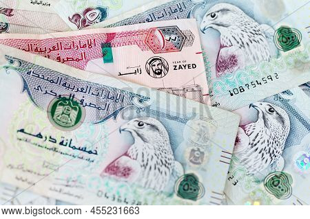 Uae Dirhams, Paper Money, One And Five Hundred Dirhams Banknotes, Closeup View