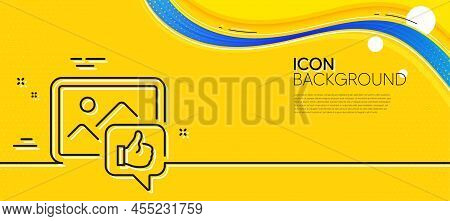 Like Photo Line Icon. Abstract Yellow Background. Thumbs Up Sign. Positive Feedback, Social Media Sy