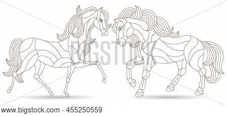 Set Of Illustrations In Stained Glass Style With Contur Horses, Outline Animals Isolated On A White 