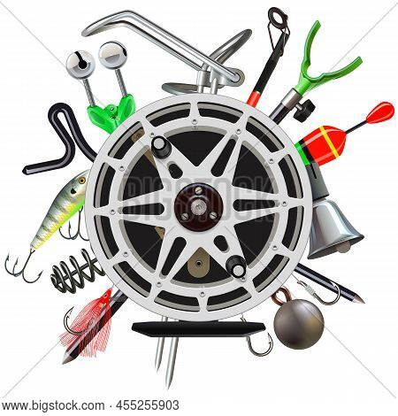 Vector Fishing Tackle Concept With Fishing Reel Isolated On White Background