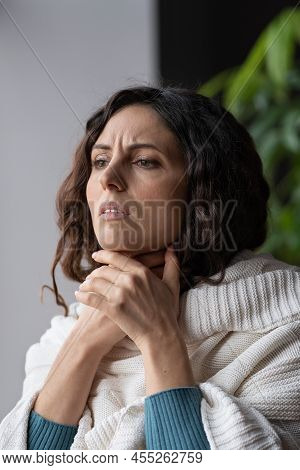 Sick Woman Having Swollen Lymph Glands Caused By Upper Respiratory Infection, Selective Focus Of Unh