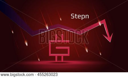 Stepn Gmt In Downtrend And Price Falls Down On Dark Red Background. Cryptocurrency Coin Symbol And R