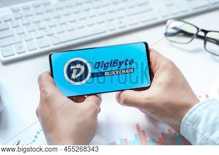 Russia Moscow 08.06.2021. Logo Of Cryptocurrency Digibyte, Dgb Crypto Coin,token In Mobile Phone. Pu