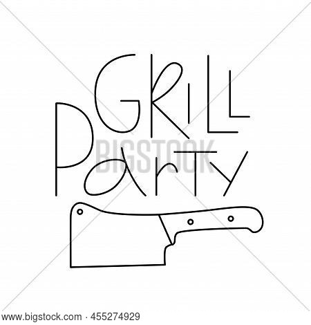 Barbecue, Grill Tool With Handwritten Lettering Sign Outline Set. Editable Stroke. Vector Stock Illu