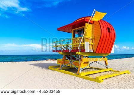 Lifeguard Tower In Miami Beach, South Beach In A Sunny Day, Florida