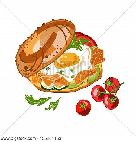 Bagel Sandwich With Salmon Or Smoked Salmon Vegetables And Egg, Vector Food Illustration