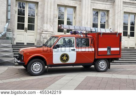 Moscow, Russia - May 1, 2022: Fire Rescue Vehicle. Red Rescue Vehicle Based On A Niva Car.
