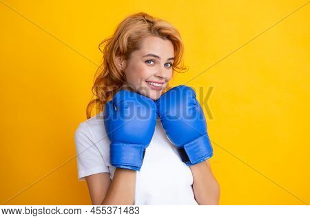 Happy Smiling Portrait Of Beauy Woman In Boxing Gloves. Winning Success Power Woman Concept.