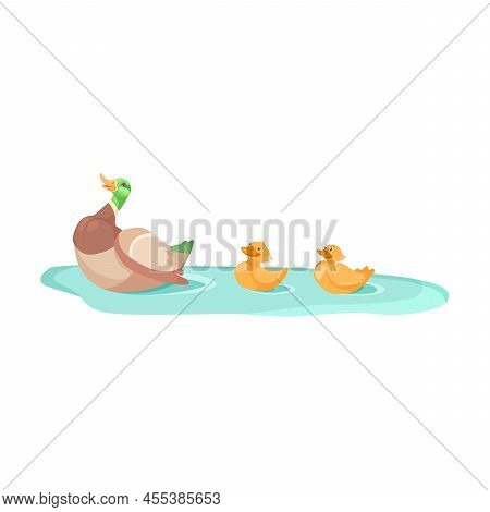 Duck With Cute Ducklings In Pond Cartoon Illustration. Little Yellow Ducks Fighting For Worm, Follow
