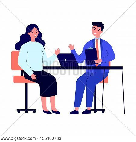 Candidate And Hr Manager Having Job Interview. Business Man And Woman Meeting At Table, Talking With