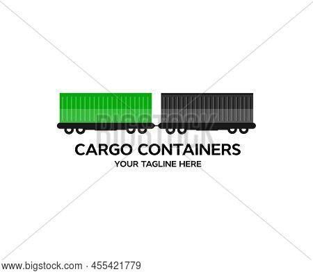 Railway Express Containers Logo Design. Freight Train With Cargo Containers Railway, Station Transpo