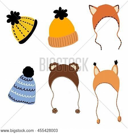 A Set Of Cute Hats In The Kartun Style, With Ears And A Pompom, On A White Background.