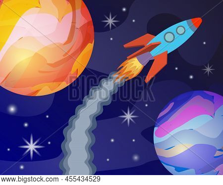 Rocket In A Space, Vector Cartoon Illustration, Blue Rocket In A Space Between Planets, Flying In Fr