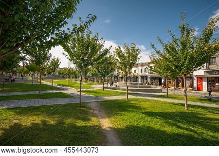 Korce Albania - 12.05.2021: Old Bazaar Of Korca City Filled With People Hanging Out During A Sunny D
