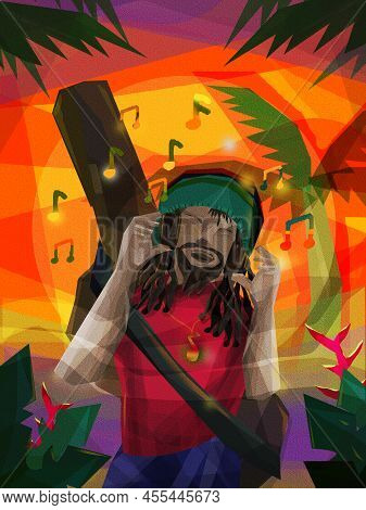 A Rastafari Musician Listening Music From His Headphone. Digital Art.
