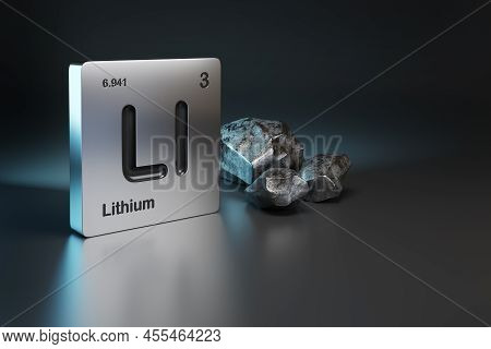 Lithium Element Symbol From The Periodic Table Near Metallic Lithium With Copy Space. 3d Illustratio