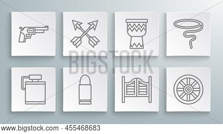 Set Line Canteen Water Bottle, Crossed Arrows, Bullet, Saloon Door, Old Wooden Wheel, Drum, Lasso An