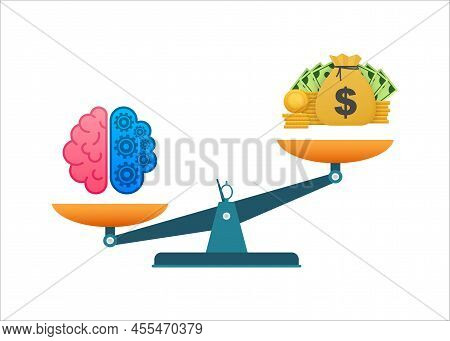 For Concept Design. Vector Illustration Of Mechanism To Compare Value Of Brainwork And Money On Scal
