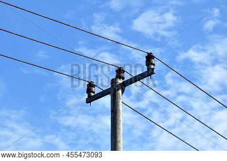 Electric Cables And Poles In Residential In Indonesia Blue Sky Background