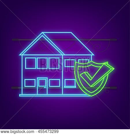 Home Insurance Policy Services. Home Safety Security Neon Icon. Vector Stock Illustration.