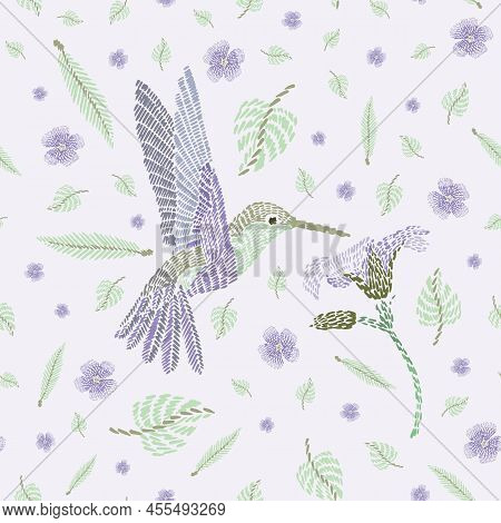 Vector Seamless Flying Hummingbird Feeding On Flower Leaf Floral Pattern, Spring Summer Time, Gentle