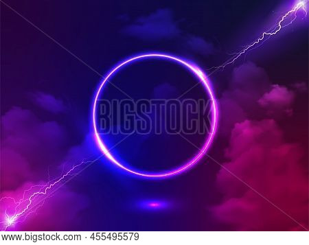 Neon Circle, Glowing Round Frame, Pink Blue Neon Light, Electric Lightning, Confrontation Or Fight B