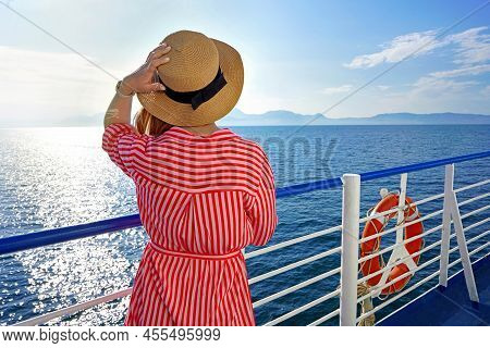 Cruise Ship Vacation Holiday. Rear View Of Relaxed Stylish Woman Enjoying Travel On Cruise Liner.