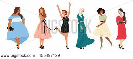 Set Of Beautiful Diverse Multicultural Women In Evening Outfits. Fashion Multiracial Girls Wearing D