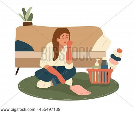 Sad Tired Woman After Housework Siiting On Floor. Fatigue Exhausted Housewife Don't Want To Clean Ho