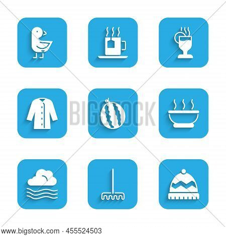 Set Watermelon, Garden Rake, Winter Hat, Bowl Of Hot Soup, Windy Weather, Raincoat, Mulled Wine And 
