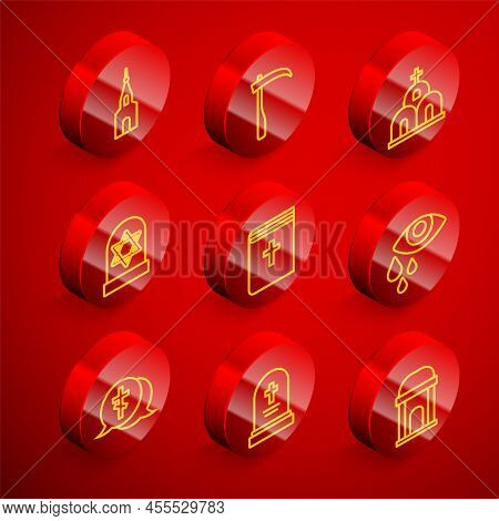 Set Line Church Building, Scythe, Grave With Star Of David, Holy Bible Book, Tear Cry Eye, Cross And