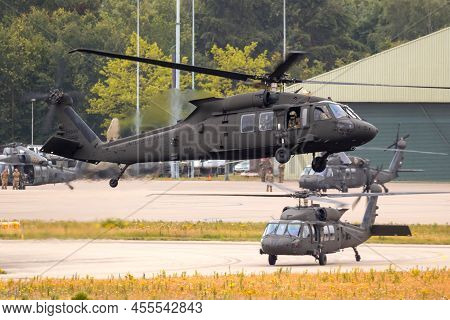 Us Army Sikorsky Uh-60m Black Hawk Helicopters Taking Off From An Air Base In The Netherlands - June