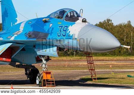 Ukrainian Air Force Sukhoi Su-27 Flanker Fighter Aircraft On The Tarmac Of Kleine-brogel Airbase. Be