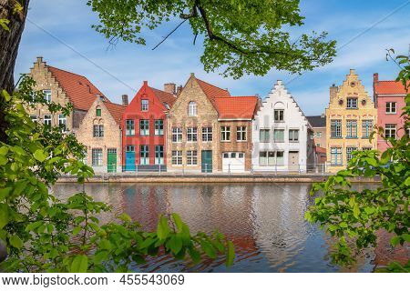 Brugge, Belgium. Old Colorful Houses On Potterierei Embankment