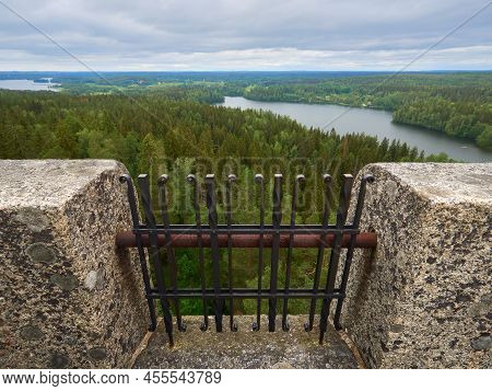 Horizontal Panorama From Top Of Aulanko Lookout Tower Near The Finnish Town Hamenlinna: Lattice Of T
