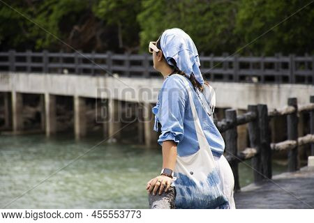 Travelers Thai Women Travel Visit And Walk Posing Portrait On Stone Bridge Of Time Travel Journey Zo