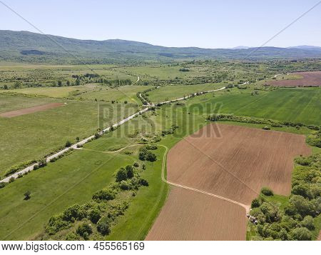 Spring Aerial View Of Rural Land Near Town Of Godech, Bulgaria