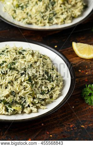Spanakorizo, Greek Spinach Rice. Healthy Vegetarian Food.