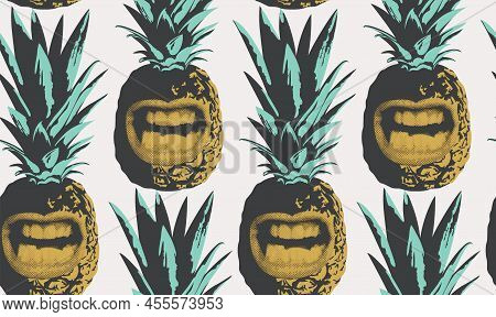 Abstract Seamless Pattern Consisting Of Smiling Pineapples. Decorative Vector Background With Ripe G