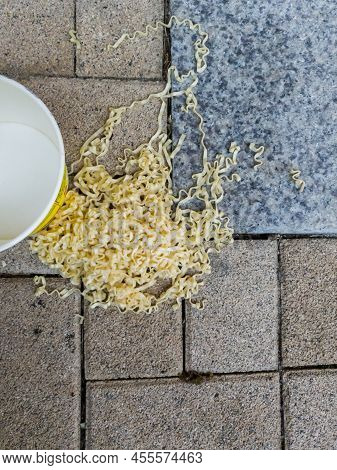 Doshirak Or Chinese Instant Noodles Dropped On Asphalt, Asian Fast Food