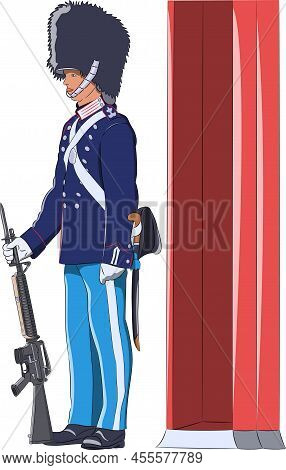 Danish Guardsman In Dress Uniform And With A Rifle At His Post.