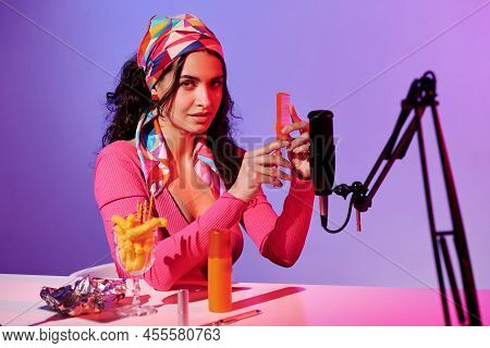 Stylish Young Caucasian Woman Creating Asmr Content Recording Scratching Sound Of Hair Comb Looking 