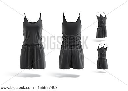 Blank Black Women Romper Mock Up, Different Views, 3d Rendering. Empty Textile Summer Jumpsuit Mocku