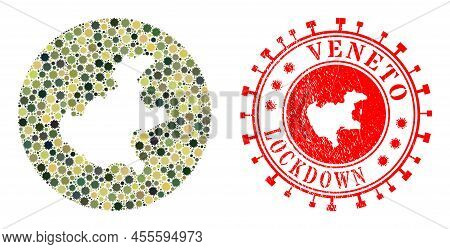 Vector Mosaic Veneto Region Map Of Coronavirus Icons And Grunge Lockdown Seal Stamp.