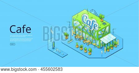 Banner With Isometric Cafe Building, Modern Architecture Isolated On Blue Background. Vector Horizon